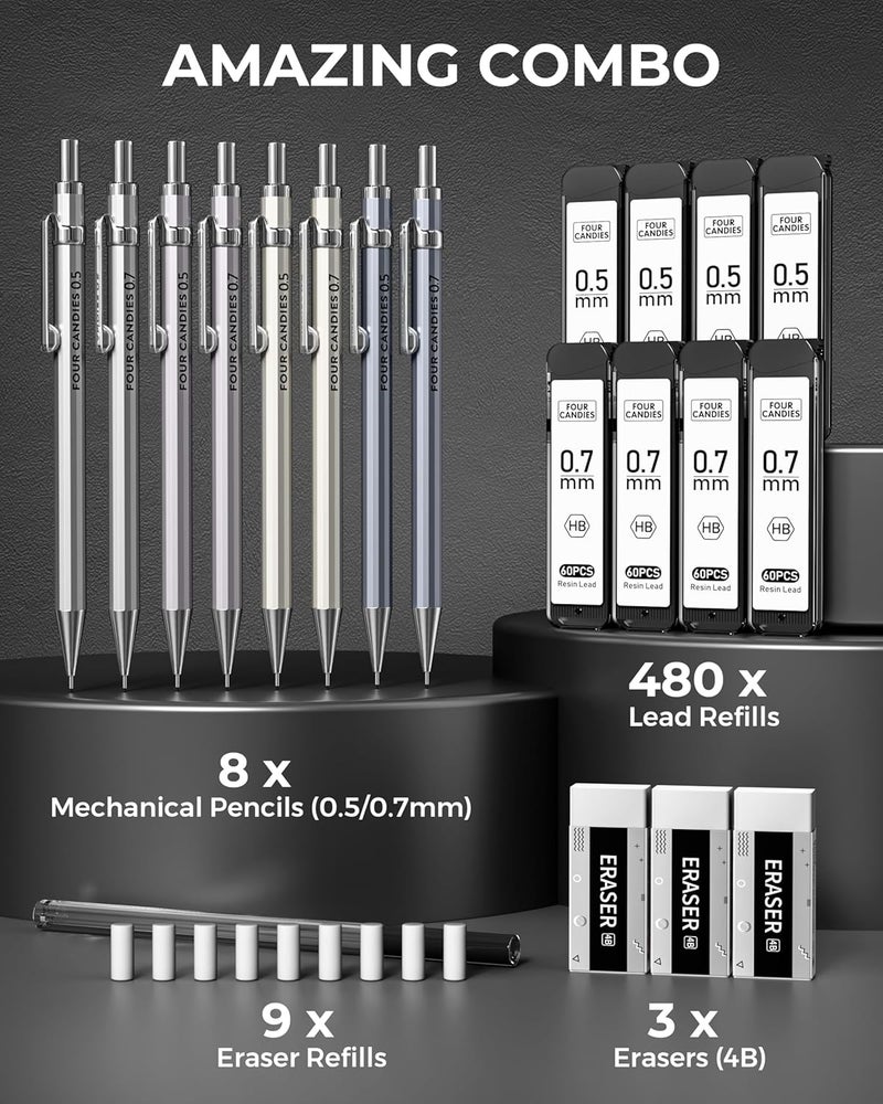 Four Candies 8PCS Metal Mechanical Pencils - 0.5 & 0.7mm with 8 Tubes HB #2 Lead Refills, Eraser Set and Eraser Refills, 20-Count Pack with Case, Lead Pencils Mechanical for Writing, Drawing, Drafting - Image 2